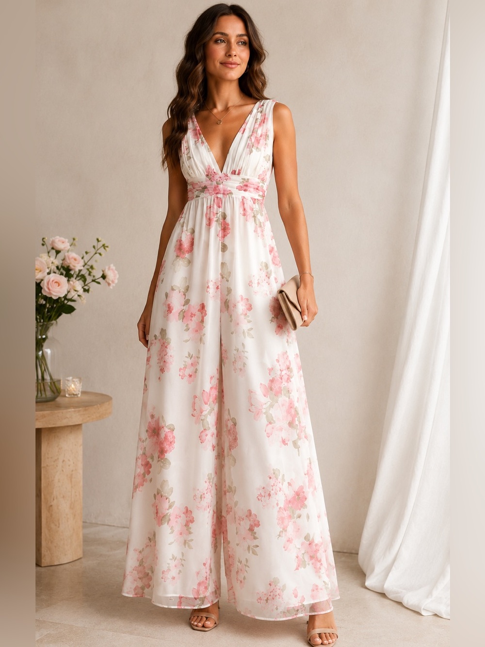 Lulus Pink Floral Chiffon Wide Leg Jumpsuit NWT Small Wedding Guest